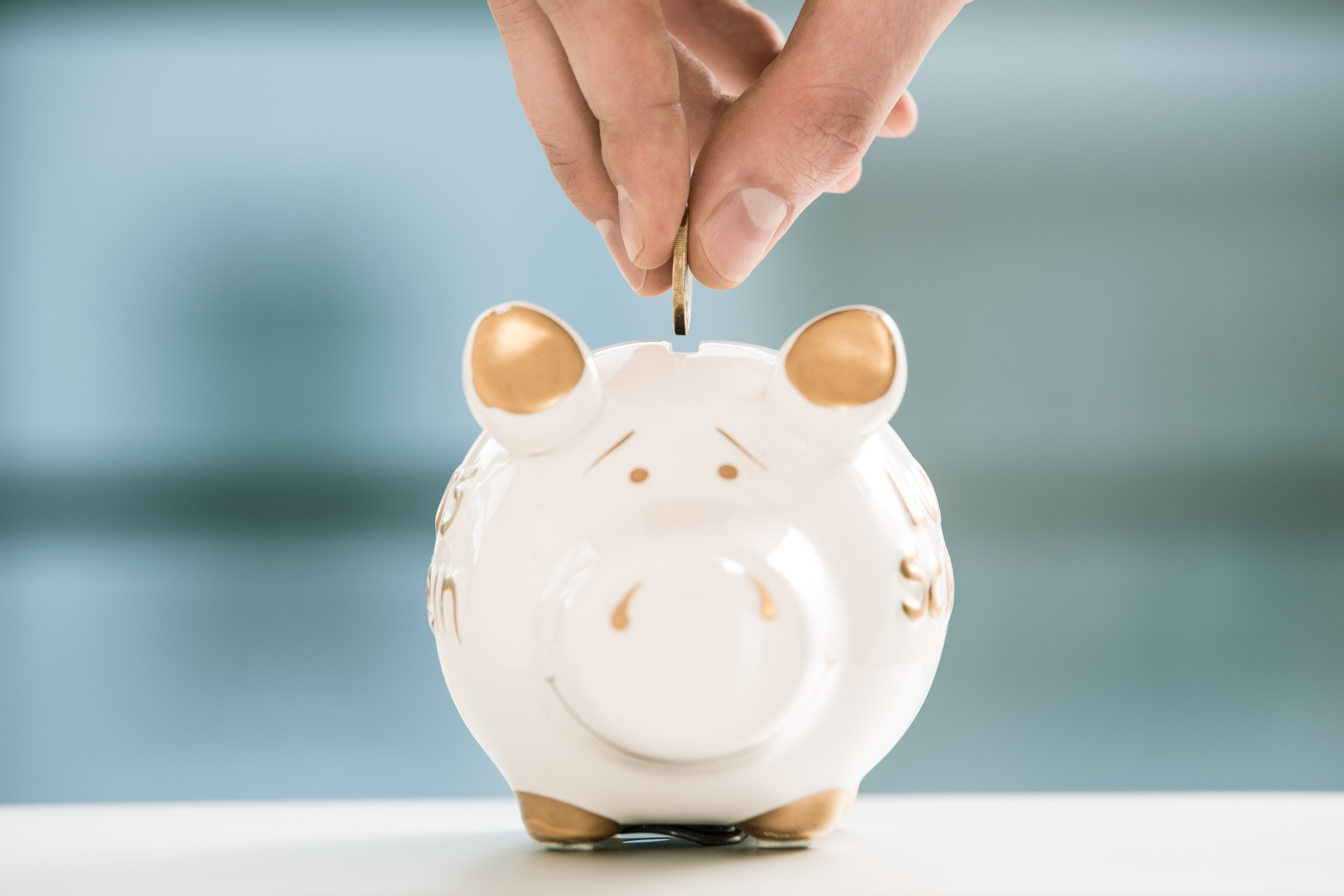 Sparschwein in das zum Vermögensaufbau eine Münze gesteckt wird